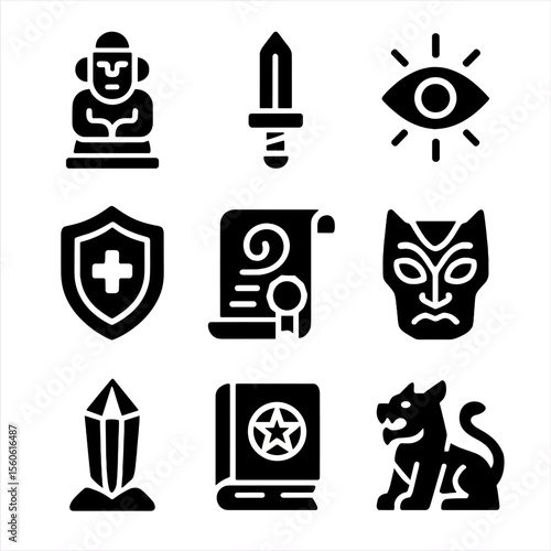 Portal Guardian Icons. Solid, filled icon set of portal guardians and symbols: ancient statue, magical sword, floating eye,