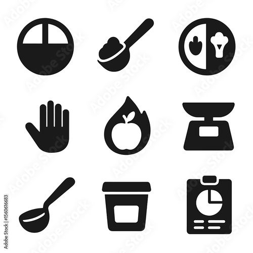 Portion Control Icons. Solid, filled icon set of portion control strategies: divided plate, portion scoop, half-plate veggies,