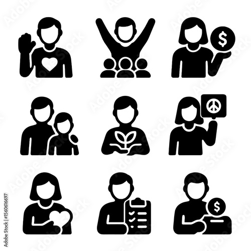 Positive Impact Icons. Solid, filled icon set of inspired individuals making a positive impact: volunteer, community leader,