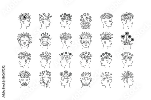 Human heads with blooming flowers and foliage profile