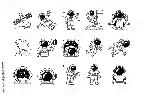 Astronauts floating exploring moon and space with satellite exploration