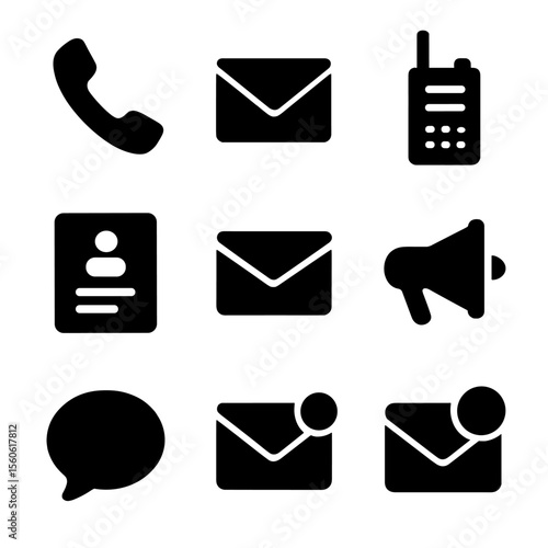 Postal Communication Icons. Solid, filled icon set of postal communication tools: telephone, email icon, walkie-talkie, intercom,