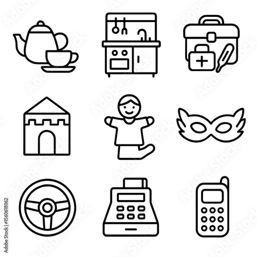 Pretend Play Icons. Outline icon set of pretend play scenes: tea set, play kitchen, doctor kit, cardboard fort, puppet on hand,