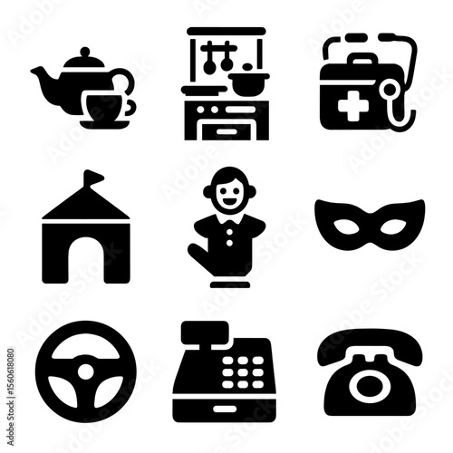 Pretend Play Icon Set. Solid, Filled icon set of pretend play scenes: tea set, play kitchen, doctor kit, cardboard fort, puppet on