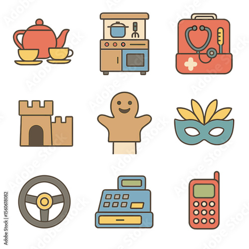 Pretend Play Icon Set. Flat icon set of pretend play scenes: tea set, play kitchen, doctor kit, cardboard fort, puppet on hand,