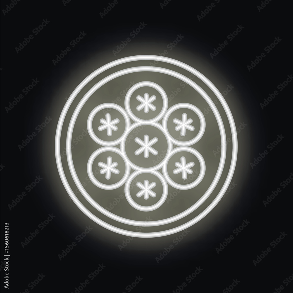 Round glowing neon sign featuring seven circles, each containing a snowflake, set against a black background Round glowing neon sign featuring seven circles, each containing a snowflake, set against a black background