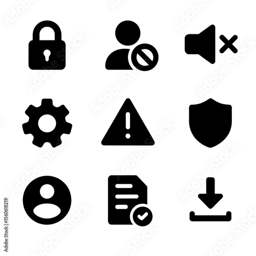 Privacy Icons Grid. Solid, filled icon set of privacy and control settings: lock symbol, user block, mute button, report icon,