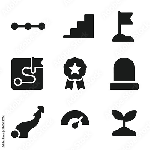 Progress Milestones Icons. Solid, filled icon set of progress tracking and milestones: timeline bar, step ladder, checkpoint flag,