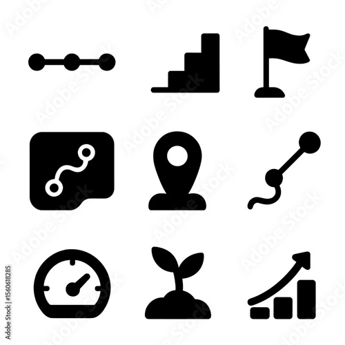 Progress Milestones Icons. Solid, filled icon set of progress tracking and milestones: timeline bar, step ladder, checkpoint flag,