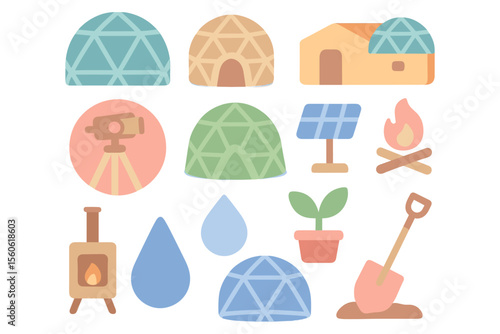 Eco living elements vector illustration: sustainable home and lifestyle design in flat style