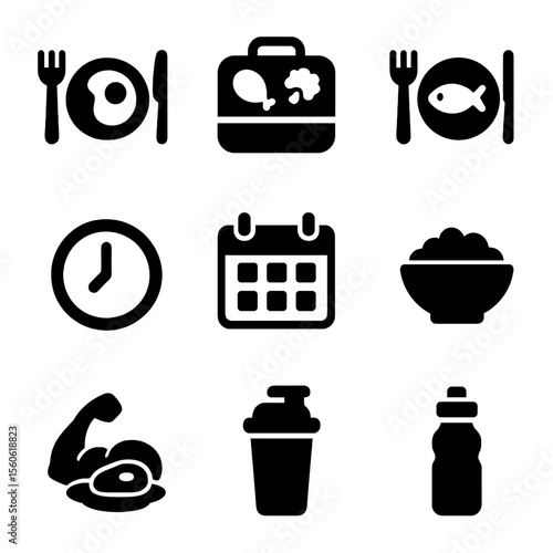 Protein Timing Icons. Solid, filled icon set of protein intake timing: breakfast plate, lunch box, dinner plate, snack bowl, clock