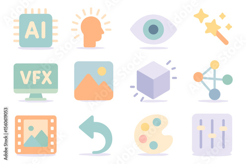 Soft pastel tech icons vector illustration for design and animation projects in flat style