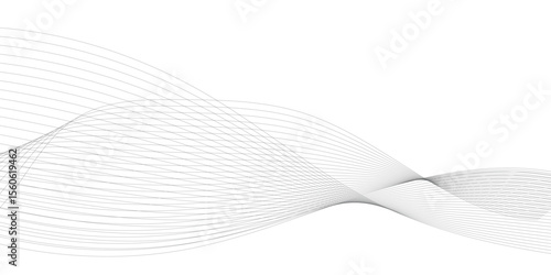 Grey and black wave, curve lines on transparent background. Digital futuristic technology concept banner background. Design for technology, business, voice, sound, data science, geometric border patte