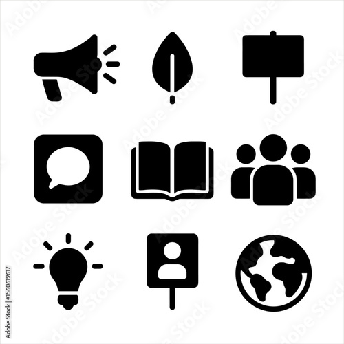 Public Awareness Icons. Solid, filled icon set of public awareness and education: megaphone, leaf symbol, protest banner, social