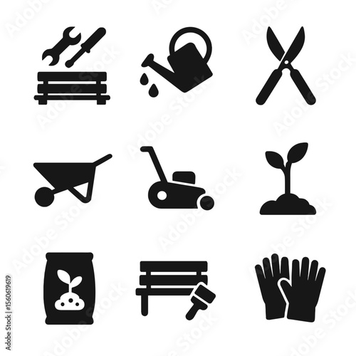 Public Seating Maintenance Icons. Solid, filled icon set of public seating and greenery maintenance: bench repair tools, watering