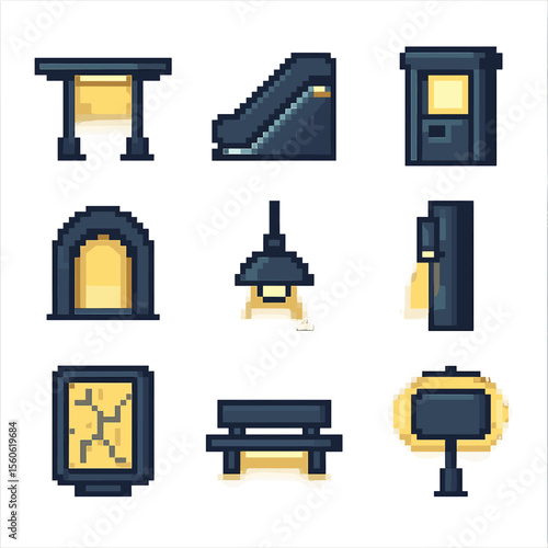 Public Transport Lights Icons. Pixel art icon set of public transport station lights: platform canopy luminaire, escalator side