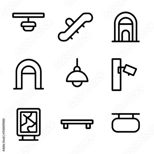 Public Transport Icons. Outline icon set of public transport station lights: platform canopy luminaire, escalator side light,