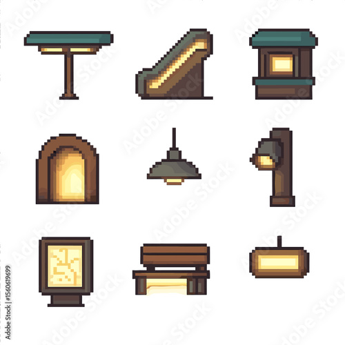 Public Transport Lights Icons. Pixel art icon set of public transport station lights: platform canopy luminaire, escalator side