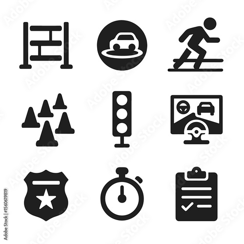 Pursuit Training Icons. Solid, Filled icon set of pursuit training drills: obstacle course, skid pad, sprint start line, cone