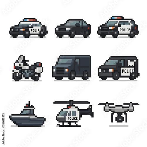Pursuit Vehicle Icons. Pixel art icon set of pursuit vehicles: police sedan, unmarked car, patrol SUV, highway patrol motorcycle,