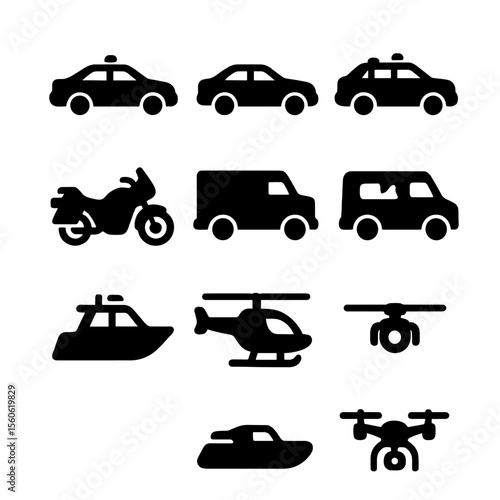 Pursuit Vehicles Icons. Solid, Filled icon set of pursuit vehicles: police sedan, unmarked car, patrol SUV, highway patrol