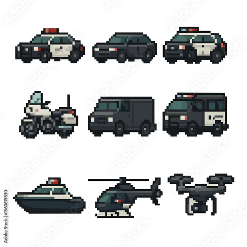 Pursuit Vehicle Icons. Pixel art icon set of pursuit vehicles: police sedan, unmarked car, patrol SUV, highway patrol motorcycle,