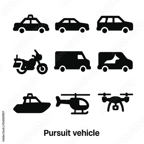 Pursuit Vehicles Icons. Solid, Filled icon set of pursuit vehicles: police sedan, unmarked car, patrol SUV, highway patrol