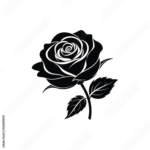 Silhouette of blooming rose flower with intricate petal details perfect for tattoo, decor, and print design