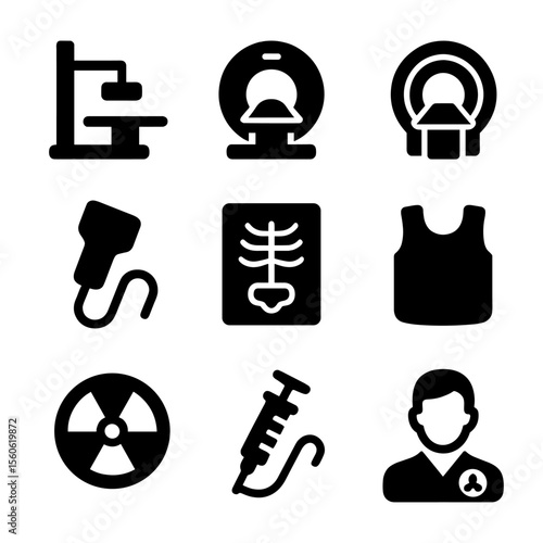 Radiology Icons Grid. Solid, filled icon set of medical radiology: X-ray machine, CT scanner, MRI scanner, ultrasound probe,