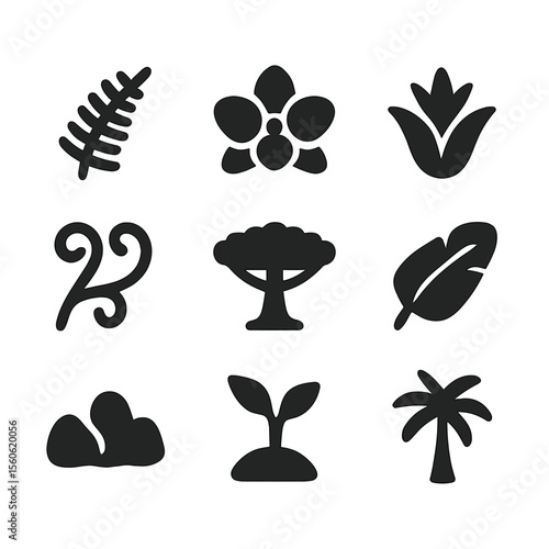 Rainforest Icons Grid. Solid, filled icon set of rainforest plants: fern, orchid, bromeliad, liana vine, canopy tree, banana leaf,