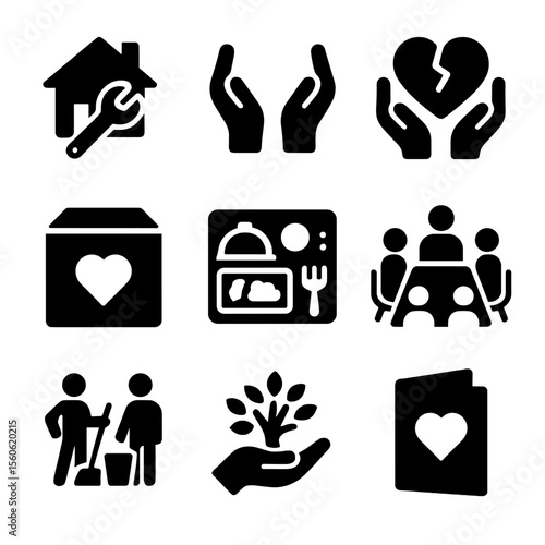 Rebuilding Icon Set. Solid, filled icon set of rebuilding after crisis: home repair, helping hands, rebuilding heart, care package