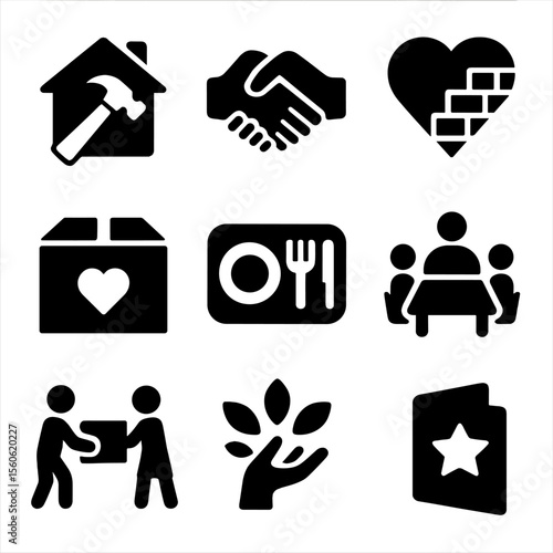 Rebuilding Icon Set. Solid, filled icon set of rebuilding after crisis: home repair, helping hands, rebuilding heart, care package