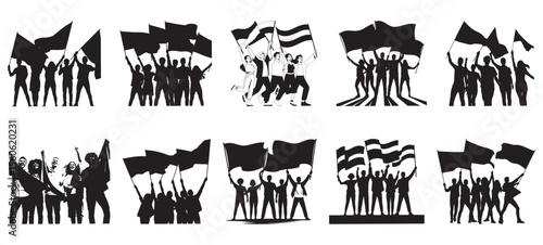 Silhouettes of people holding flags protest demonstration