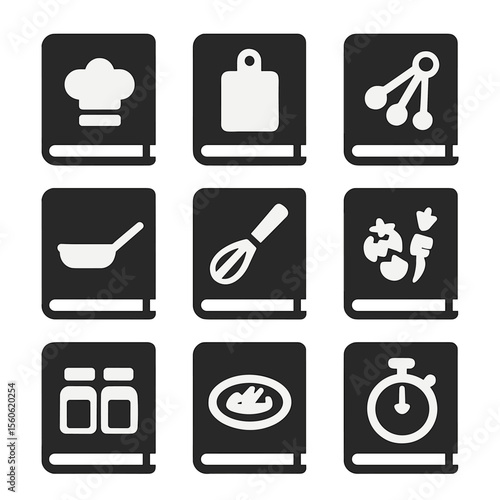 Recipe Icon Set. Solid, Filled icon set of recipe book pages: chef hat, chopping board, measuring spoons, skillet, whisk,