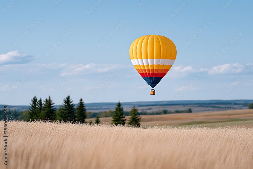 Obraz premium Hot air balloon floats above a golden field vibrant colors against the sky offer peace and adventure.