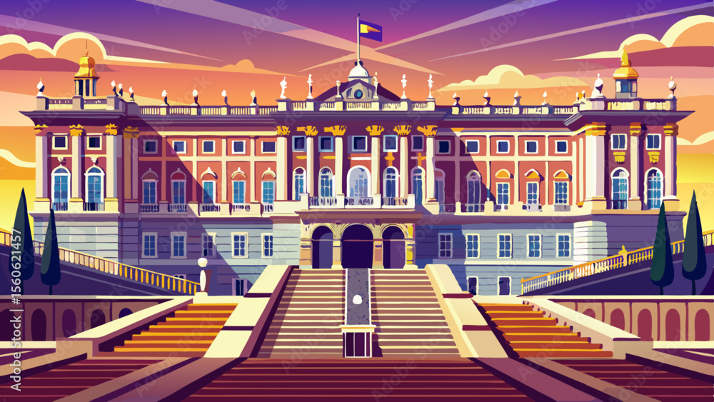 Naklejka premium Royal Palace of Madrid shines with granite and white stone symmetry, wide staircases, and regal balconies, standing as the ceremonial heart of Spain’s monarchy.