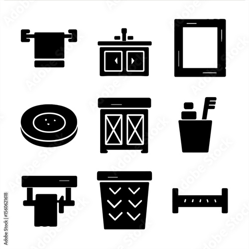 Reclaimed Wood Bathroom Icons. Solid, filled icon set of reclaimed wood bathroom decor: towel rack, vanity, mirror frame, soap