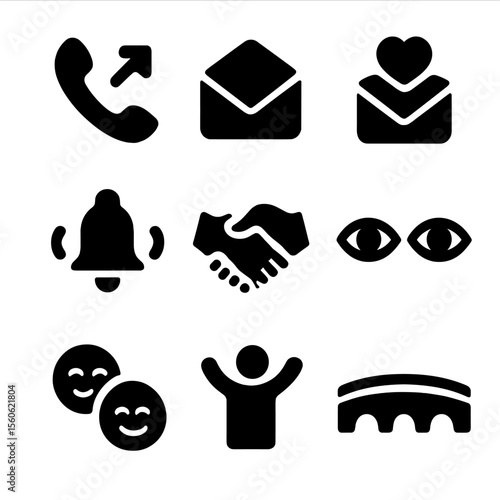 Reconnection Icons Grid. Solid, filled icon set of reconnection moments: incoming call, envelope opening, heart reply, doorbell