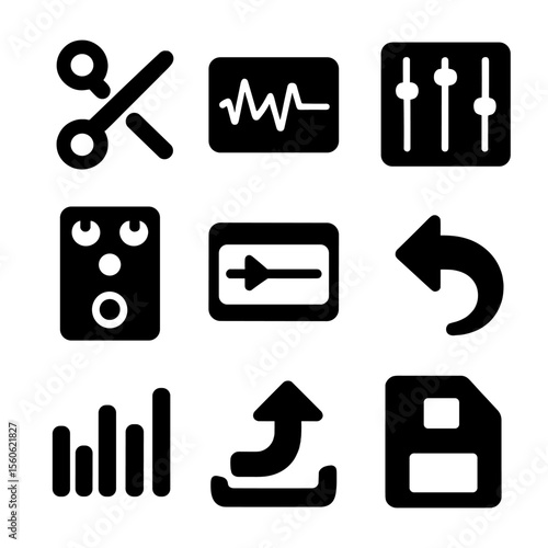 Recording Tools Icons. Solid, filled icon set of recording editing: cut tool, audio track, mixing board, effects pedal, timeline,