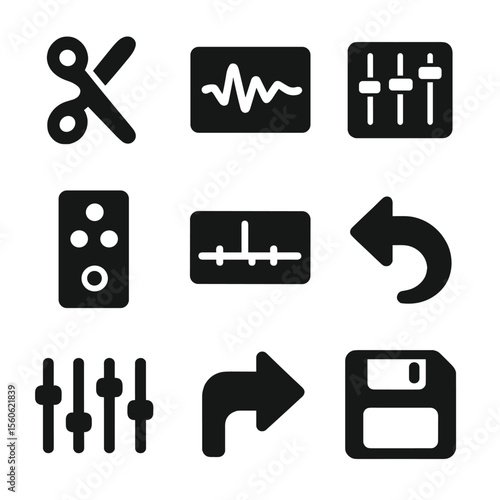 Recording Tools Icons. Solid, filled icon set of recording editing: cut tool, audio track, mixing board, effects pedal, timeline,