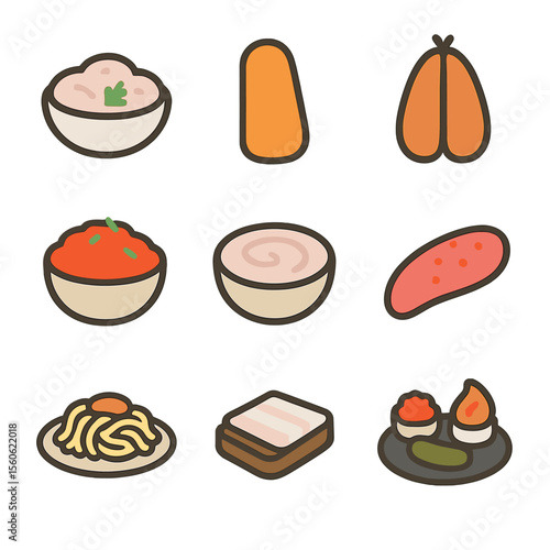 Regional Roe Delicacies. Flat icon set of regional roe dishes: taramosalata, bottarga slice, karasumi, ikra salad, tarama dip,
