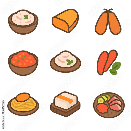 Regional Roe Delicacies. Flat icon set of regional roe dishes: taramosalata, bottarga slice, karasumi, ikra salad, tarama dip,
