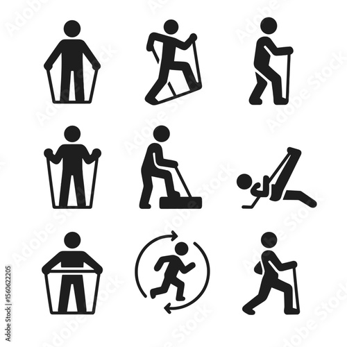 Resistance Band Icon Set. Solid, filled icon set of resistance band workout plans: beginner routine, HIIT, strength training,