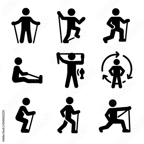 Resistance Band Icon Set. Solid, filled icon set of resistance band workout plans: beginner routine, HIIT, strength training,
