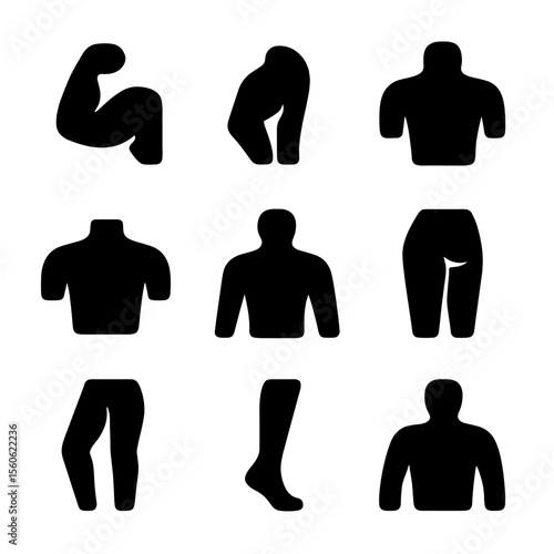 Resistance Band Muscle Icons. Solid, filled icon set of muscle groups targeted by resistance bands: biceps, triceps, shoulders,