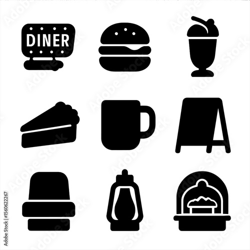Retro Diner Icon Grid. Solid, Filled icon set of roadside diner stops: neon diner sign, burger, milkshake, pie slice, coffee mug,