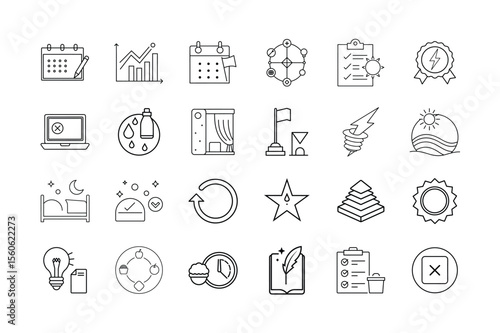 Healthy Habits and Daily Routine Icon Set Wellness Productivity SelfCare and Lifestyle Planning Line Icons