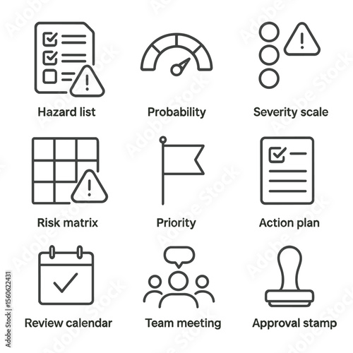 Risk Assessment Icons. Outline icon set of risk assessment process: hazard list, probability gauge, severity scale, risk matrix