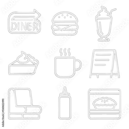 Roadside Diner Icons. Outline icon set of roadside diner stops: neon diner sign, burger, milkshake, pie slice, coffee mug, menu