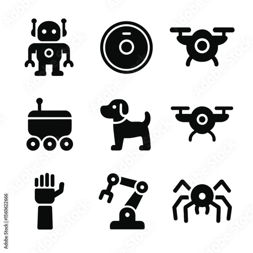Robotic Gadget Icons. Solid, filled icon set of robotic gadgets: humanoid assistant, cleaning bot, flying bot, delivery rover,